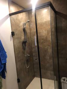 La salle de bains est pourvue d'une douche avec une porte en verre. dans l'établissement Bello Monoambiente en El Prado, à Cochabamba