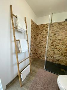 uma casa de banho com uma escada ao lado de um chuveiro em Refúgio do Lago em Frossos