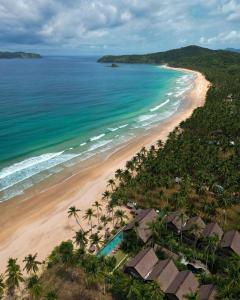 an aerial view of a beach with palm trees and the ocean at ANGKLA Beach Club & Boutique Resort in El Nido