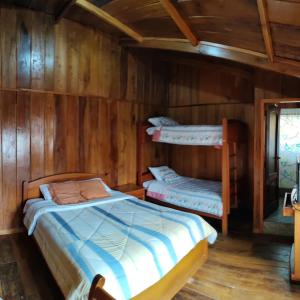 two beds in a room with wooden walls at HOTEL LAS TANGARAS DE MINDO in Mindo