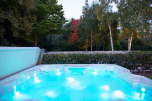 a hot tub in a backyard with lights on it at Arrow Wood - Minutes to Arrowtown, Golf and Wineries - Luxury Living in Arrowtown