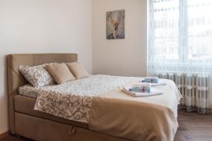 1 dormitorio con 1 cama con 2 toallas en Balkan dream **** en Belgrado