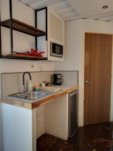 a small kitchen with a sink and a microwave at CASA V - Mizata in Santa María Mizata