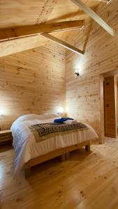 1 dormitorio con 1 cama en una habitación de madera en Casa Huilo, en Neltume