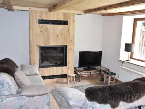 ein Wohnzimmer mit einem Sofa und einem TV in der Unterkunft Chalet Pralognan-la-Vanoise, 3 pièces, 4 personnes - FR-1-464-219 in Pralognan-la-Vanoise