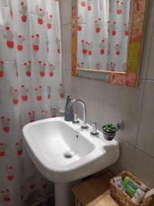 baño con lavabo y cortina de ducha en Excelente departamento en lujan de cuyo en Ciudad Lujan de Cuyo