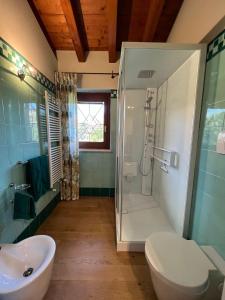 y baño con ducha, aseo y lavamanos. en Steba House Savani Barbara Foresteria Lombarda, en Lonato