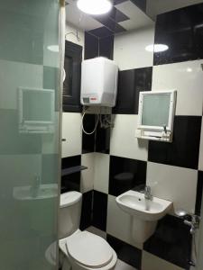 La salle de bains est pourvue de toilettes et d'un lavabo. dans l'établissement Apartment in Zamalek, au Caire