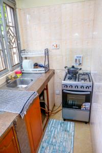 a small kitchen with a stove and a sink at SYLVIA'S LUXURIOUS APARTMENT in Kisumu