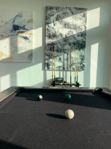 a billiard table with balls in a room with paintings at Luxury Penthouse w Glass Wall, Roof Deck, Firepit in DT Austin in Austin