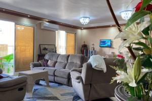 uma sala de estar com um sofá e uma televisão em Luxury apartment by the sea! em Alexandria