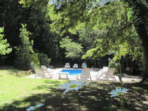 a group of chairs sitting around a swimming pool at Hosteria Pichi Rincon in Villa La Angostura