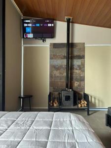 División的住宿－Villas Páramo Cloud Forest Hotel，一间卧室设有一张床和一个壁炉,配有电视