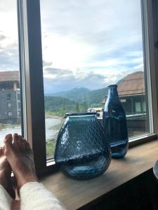 a person laying on a window sill next to two vases at Fyri Tunet Hemsedal in Hemsedal