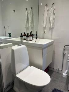 a white bathroom with a toilet and a sink at Sky view apartment, Stockholm in Solna