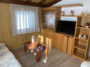 a living room with a tv and a coffee table at Ciamorc Relax & Sport Appartament for max 2 Adults 1 child 1 infant in Canazei