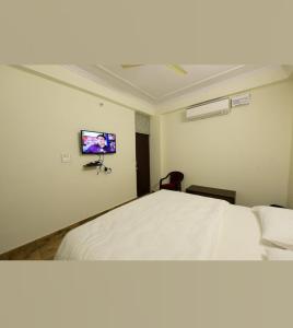 een slaapkamer met een bed en een tv aan de muur bij Hotel singh palace in Jaipur