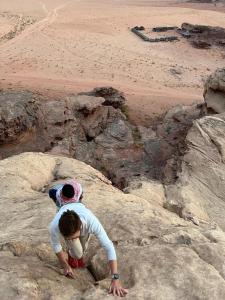 a man sitting on a rock looking at the beach at Bedouin Tours Camp in Wadi Rum