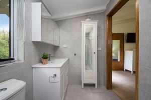 a bathroom with a sink and a toilet and a mirror at Dromanas Beachside Hideaway in Dromana