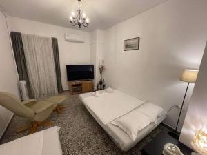 a bedroom with a bed and a chair and a television at Casa Palmera Beach Apartment in Áyios Andónios