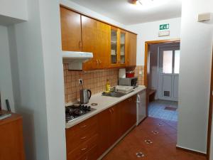 a kitchen with wooden cabinets and a stove top oven at Rogla Apartma Kekec in Vitanje