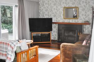 a living room with a television and a fireplace at Lakeside Cottage with Jetty at Lake Tarawera in Rotorua