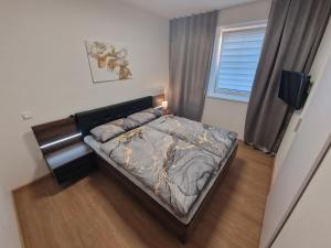 1 dormitorio con 1 cama y TV en Rodinný dům u rybníka v blízkosti Olomouce, en Hlušovice