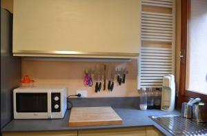 a kitchen with a microwave and a counter with utensils at Villa Marina in Venice-Lido