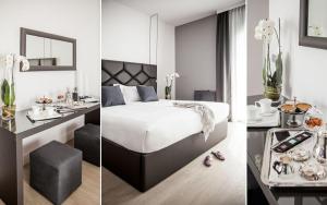 three pictures of a bedroom with a bed and a table at Miramare The Palace Resort in Sanremo