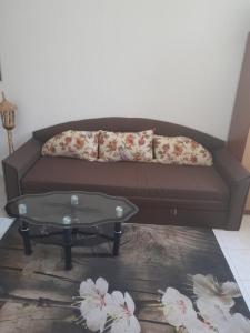 ein braunes Sofa mit zwei Kissen und einem Couchtisch in der Unterkunft Хотел Марио in Mělník