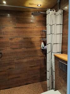 a bathroom with a wooden wall with a shower curtain at Elice Apartment in Rovaniemi