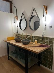 baño con 2 lavabos y 2 espejos en la pared en Appartement studio loft cosy centre st Etienne, en Saint-Étienne