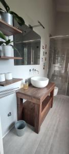 baño con lavabo y espejo grande en Casa in Locanda, en San Lazzaro di Savena