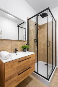 y baño con lavabo y ducha. en Apartamenty we Wrocławiu - Jaworska - MAMY WOLNE POKOJE !, en Wroclaw