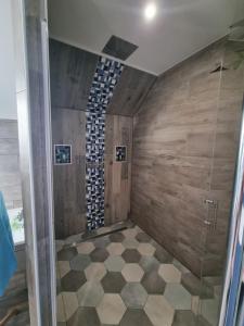 ein Bad mit einer Dusche und einem karierten Boden in der Unterkunft Chambre oiseaux in Larchamp