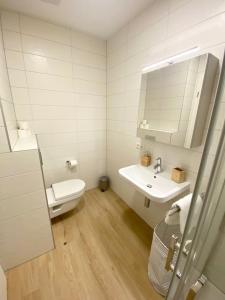 y baño con aseo, lavabo y espejo. en Luxury 2023 1 bedroom in city center with Free Parking-HOL1, en Luxemburgo
