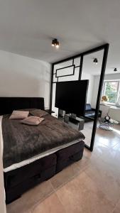 a bedroom with a large bed and a flat screen tv at Luxus Appartement im Zentrum Düsseldorfs in Düsseldorf