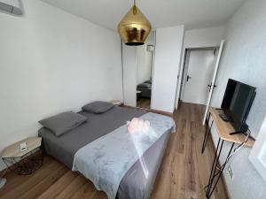 une chambre avec un lit et une télévision à écran plat dans l'établissement CAPO FENO AJACCIO, à Ajaccio 2 autres photos