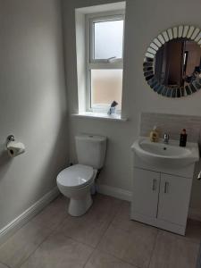 uma casa de banho com um WC, um lavatório e um espelho. em Stunning New 3 Bed Townhouse em Belmullet