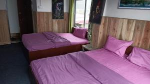 duas camas num quarto com lençóis roxos em Taiga Homestay, Lepchajagat, Darjeeling em Darjeeling