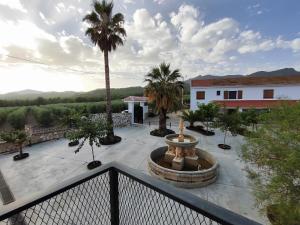 a view of a courtyard with a fountain and palm trees at Finca El Espilo in Lúcar