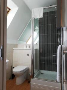 a bathroom with a toilet and a glass shower at Pelican House is an exclusive contemporary development in Newbury