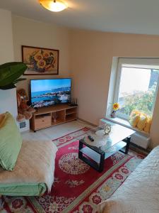 a living room with a flat screen tv and a large window at Namelis uždarame kieme in Šiauliai