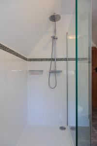 a shower with a glass door in a bathroom at Bumble Bee Cottage in Burley