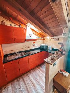 uma cozinha com armários de madeira e um lavatório em La Maison de Julie em Pré-Saint-Didier