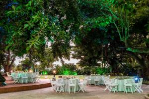 a group of tables and chairs under a tree at Hilton Cartagena in Cartagena de Indias