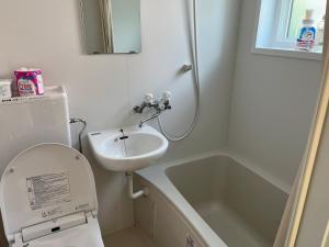 a bathroom with a sink and a toilet and a bath tub at 赤だすき_別邸 in Hakuba