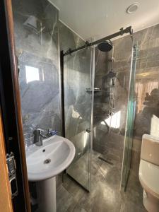 a bathroom with a sink and a shower at villa with beautiful view 4 in Tbilisi City