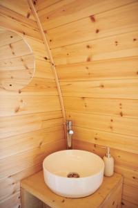 Woodmancote的住宿－Foot of the Downs Shepherds Hut，木墙内带白色水槽的浴室