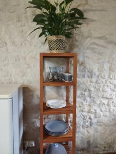 a wooden shelf with plates and a potted plant on it at Cottage chaleureux au calme 